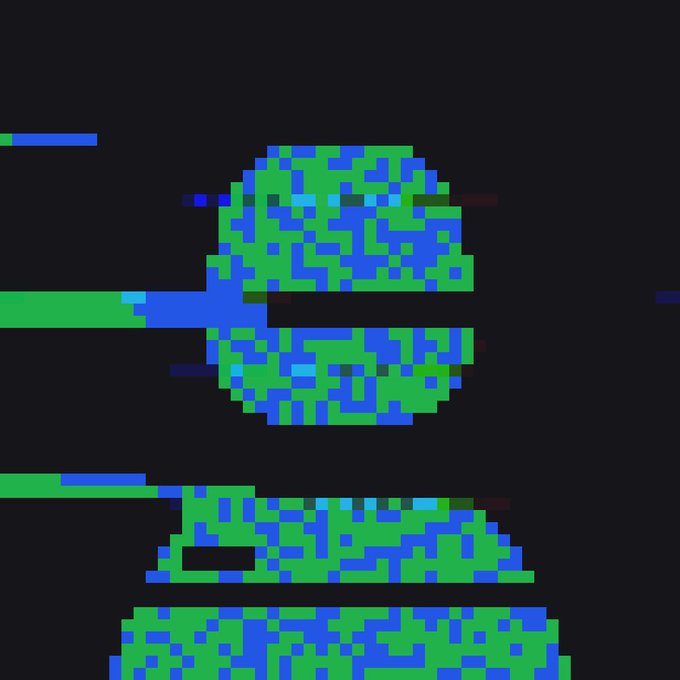 Pixelated graphic art depicting a face composed of blue and green blocks with black rectangular censoring bars across the eyes.