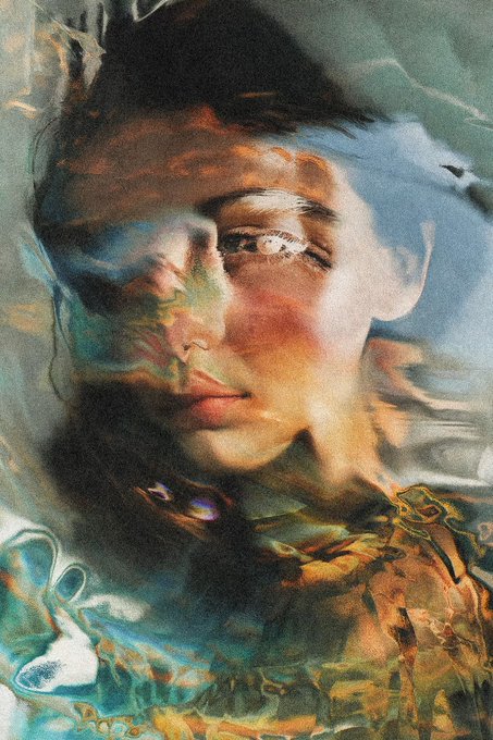 A distorted, surreal digital portrait of a face rendered in painterly textures with reddish-orange and blue-green tones, blending dreamlike features, multiple eyes, and flowing, organic forms.