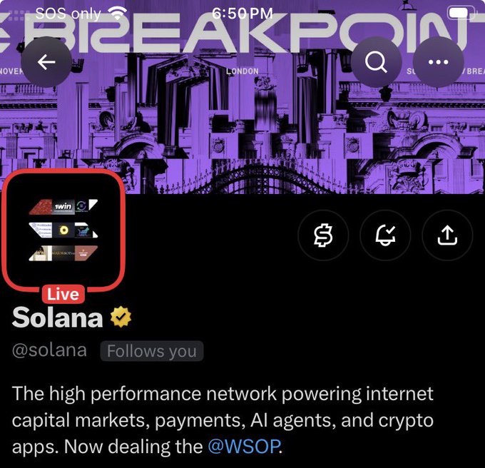 A social media profile screenshot shows the verified Solana account (@solana) with the description 'The high performance network powering internet capital markets, payments, AI agents, and crypto apps. Now dealing the @WSOP.'