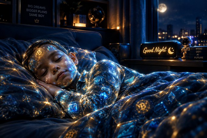 A young boy sleeps peacefully under a futuristic duvet covered in glowing digital icons like Bitcoin and NFT, with a neon 'Good Night' sign glowing on his nightstand in a moonlit bedroom.