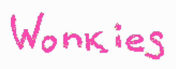The image displays the word "Wonkies" written in a pixelated, hot pink font with small green accent dots, serving as the branding/logo for the 25 GTD giveaway promoting the Wonkies NFT collection of 3000 pixel-art creatures.