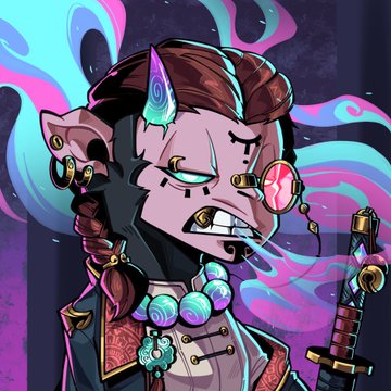 An illustrated cartoon character with an angry expression, purple and teal swirling hair or aura, wearing round glasses and a detailed outfit with beads and accessories, holding what appears to be a sword.