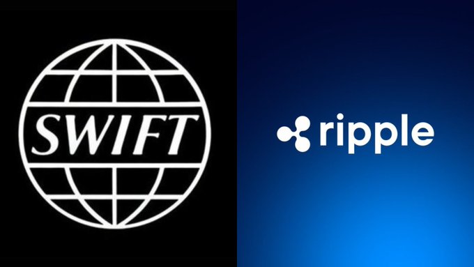The image shows the SWIFT logo (a globe with "SWIFT" text) on a black background alongside the Ripple logo (a stylized icon with "ripple" text) on a blue background, visually representing the competition between the traditional banking network SWIFT and the blockchain-based Ripple platform discussed in the post about replacing nostro/vostro accounts with trillions in idle funds.