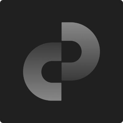 A stylized grayscale logo featuring an interconnected 'd' and 'p' design on a dark square background.