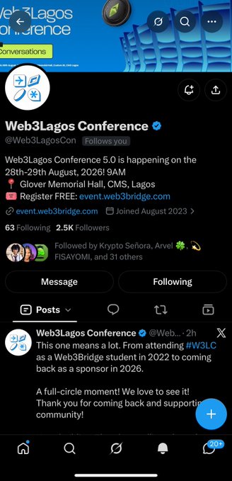A Twitter/X profile page for "Web3Lagos Conference" (@Web3LagosCon) showing details about the 5.0 event happening on 28th-29th August 2026 at Glover Memorial Hall, CMS, Lagos.