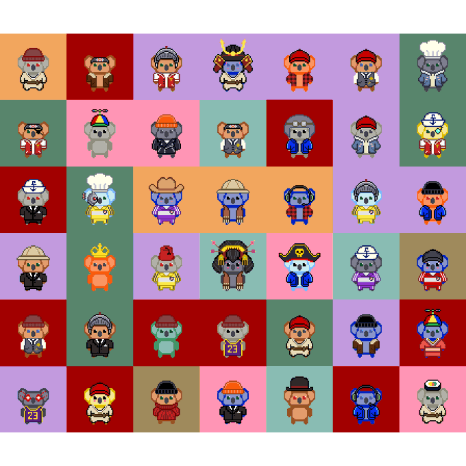 A colorful grid display of pixel art monkey characters in various costumes and professions (chef, king, sailor, pirate, cowboy, etc.) set against multicolored square backgrounds, resembling a CryptoPunks-style NFT collection.