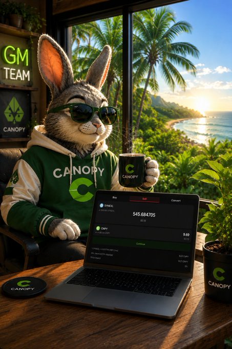 An AI-generated rabbit wearing sunglasses and a 'CANOPY' hoodie sits at a desk with a laptop showing trading data (545.684705), holding a 'CANOPY' mug, with a 'GM TEAM' neon sign and tropical beach view in the background.
