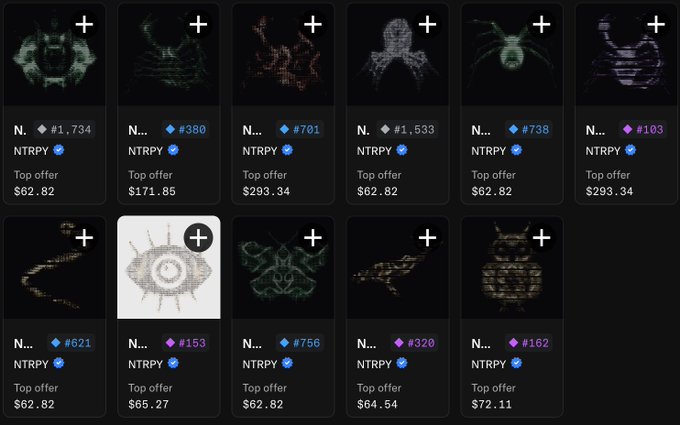 A marketplace interface displays various NFT collectibles, each priced in NTRPY with top offers ranging from $62.82 to $293.34, featuring pixelated designs of animals, vehicles, and abstract items.