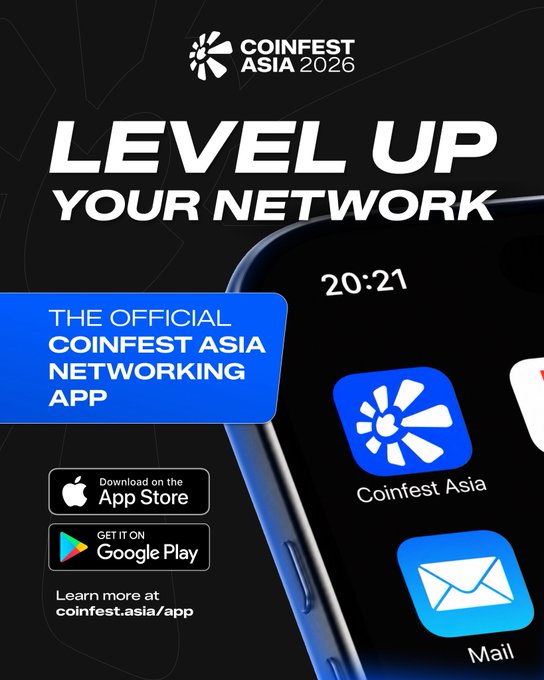 This image promotes the "Official Coinfest Asia Networking App" for the 2026 event, showcasing its app icon and download options on a smartphone. It visually encourages users to "Level Up Your Network" by downloading the app.
