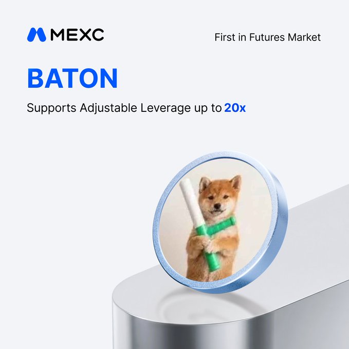 A MEXC exchange advertisement for 'BATON' token featuring a Shiba Inu dog holding a green baton inside a circular frame, promoting adjustable leverage up to 20x.