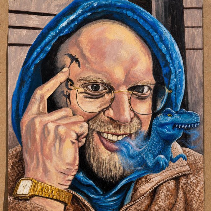 A painted portrait of a smiling bearded man wearing glasses and a blue hood, pointing to his temple where small figures appear, with a blue dinosaur emerging from his beard and a gold watch visible on his wrist.