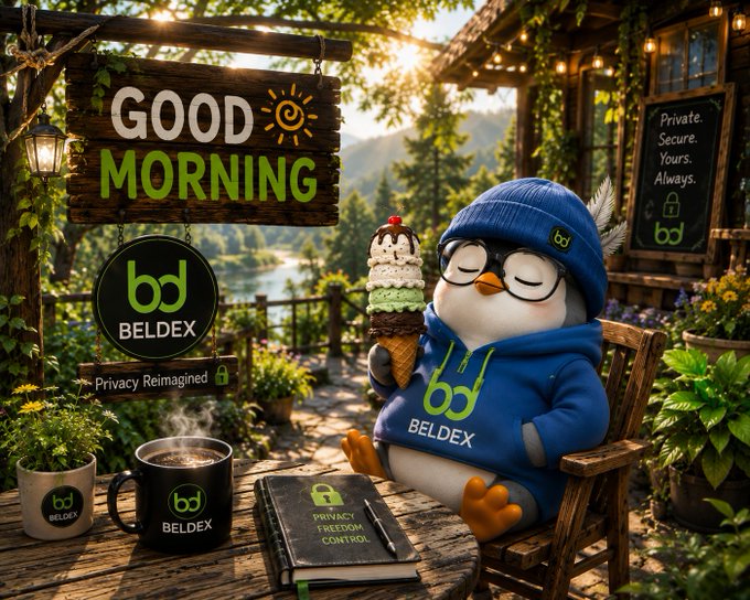 AI-generated promotional image featuring a penguin mascot wearing a blue 'BELDEX' hoodie and beanie, holding an ice cream cone at a cabin setting with 'GOOD MORNING' sign, coffee mug, notebook reading 'PRIVACY FREEDOM CONTROL', and 'Private. Secure. Yours. Always.' messaging.
