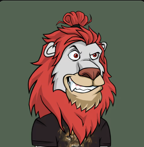 A digital cartoon illustration of an anthropomorphic lion character with a bright red mane tied in a topknot, wearing a black t-shirt and grinning against a dark green background.