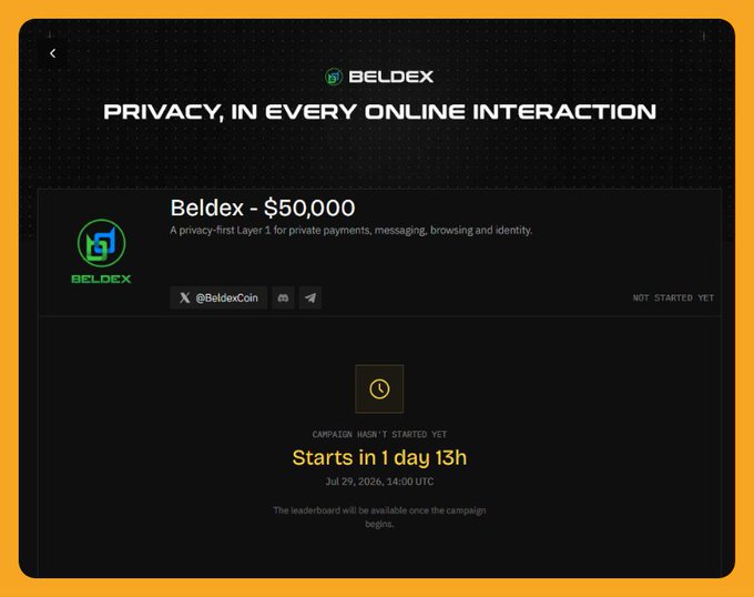 A promotional page for 'BELDEX' displays a 'PRIVACY, IN EVERY ONLINE INTERACTION' header, a $50,000 campaign goal, and a countdown stating 'Starts in 1 day 13h' for Jul 29, 2026.