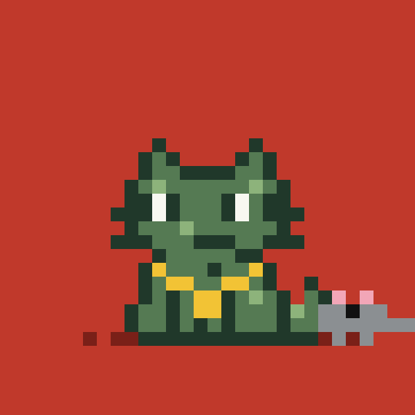 A pixel art illustration of a small green dragon or lizard-like creature wearing a yellow necklace against a red background, with a small gray mouse beside it.