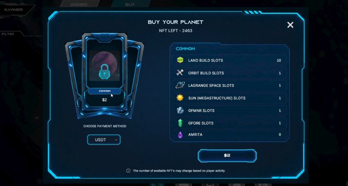 Sci-fi themed 'BUY YOUR PLANET' NFT marketplace interface showing 2463 NFTs left, priced at $2, with common tier slots including 10 land build, 1 orbit build, 1 Lagrange space, 1 sun, 1 qfnmr, 1 qfore, and 0 amrita, payable in USDT.