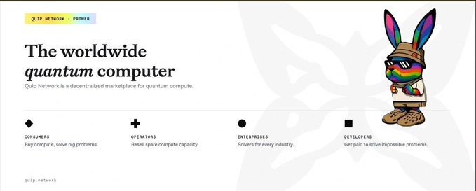 The image is a promotional banner for Quip Network, titled "The worldwide quantum computer," describing it as "a decentralized marketplace for quantum compute" that serves Consumers, Operators, Enterprises, and Developers. It features a cartoon rabbit mascot wearing a bucket hat and sunglasses with a prism design, tying into the post's praise of Quip Network's native, portable post-quantum protection that doesn't require bridging funds to a new chain.