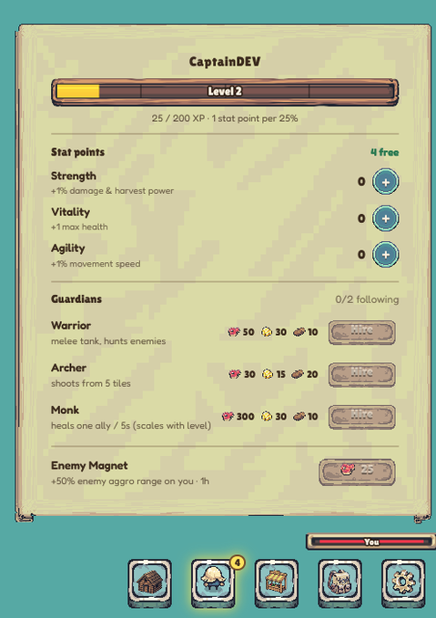 The image shows a menu for an island game with two levels or screens. One screen has the text "Captain.Dev Level 2" while the other displays "Star Points". The player's progress can be earned by completing certain tasks, such as gathering power points and magic points. Depending on how much they have accumulated in each level, players will either embark on a new adventure to play another game or choose to start their next one from where they left off. The player has the option to earn status points during gameplay, allowing them to level up by 20% of their current progress. Additionally, they can summon their guardians and utilize their abilities for power-ups during their journey in the game world.