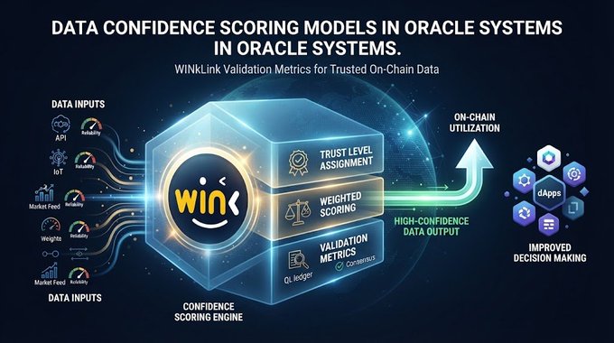 An infographic titled 'DATA CONFIDENCE SCORING MODELS IN ORACLE SYSTEMS' illustrates the WinkLink validation process, showing 'Data Inputs' from sources like API, IoT, and Market Feed flowing through a 'Confidence Scoring Engine' with 'win' in the center to produce 'High-Confidence Data Output' for dApps.