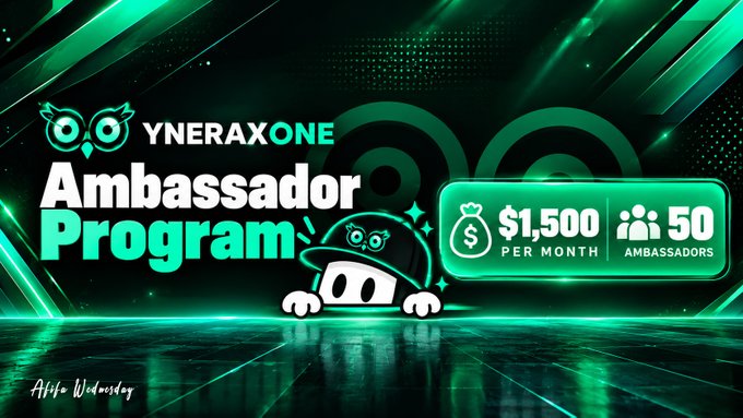 A promotional graphic for the 'YNERAX ONE Ambassador Program' offering '$1,500 PER MONTH' for '50 AMBASSADORS'.