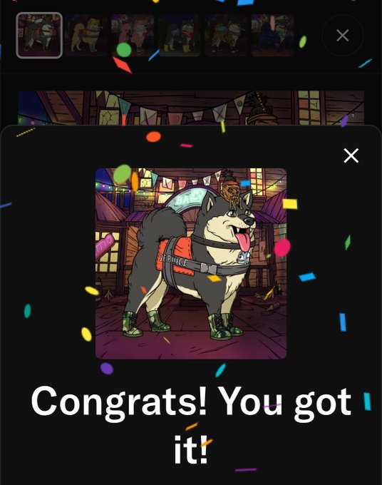 A mobile app screenshot displaying a celebratory message "Congrats! You got it!" over an illustration of a husky dog dressed in a police uniform, surrounded by colorful confetti effects.