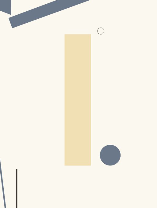 A minimalist abstract geometric design featuring a beige vertical rectangle, a blue-gray diagonal bar at the top, a small circle, and a blue-gray dot on a cream background.