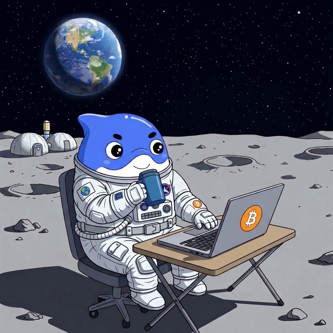 A cartoon illustration of a blue dolphin character dressed as an astronaut sitting at a desk on the moon, using a laptop with a Bitcoin logo while holding a coffee cup, with Earth visible in the background.