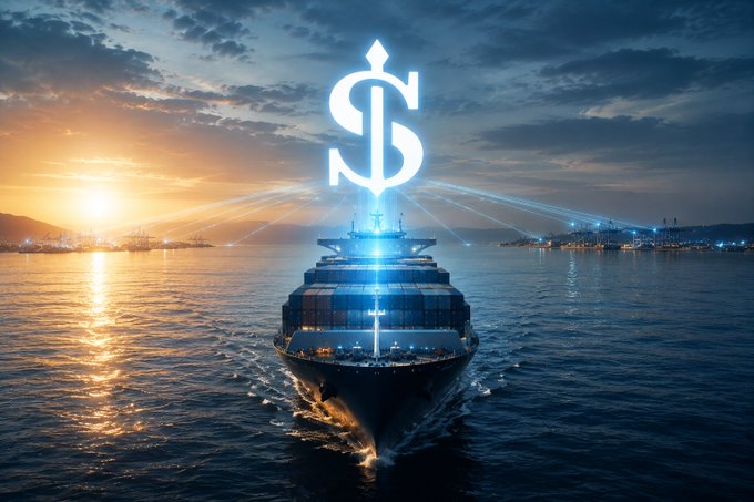 A massive container ship sails through a harbor at sunset, crowned by a glowing blue dollar sign that projects beams of light across the water, visually representing EthraShip's mission to merge financial transparency with maritime logistics through blockchain technology.