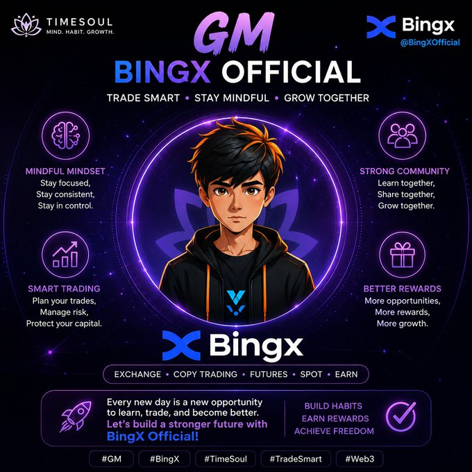A promotional graphic for 'GM BingX Official' featuring an anime-style young man with brown hair in a black hoodie, surrounded by purple neon circles highlighting 'MINDFUL MINDSET,' 'STRONG COMMUNITY,' 'SMART TRADING,' and 'BETTER REWARDS,' with hashtags #GM, #BingX, #TimeSoul, #TradeSmart, #Web3.