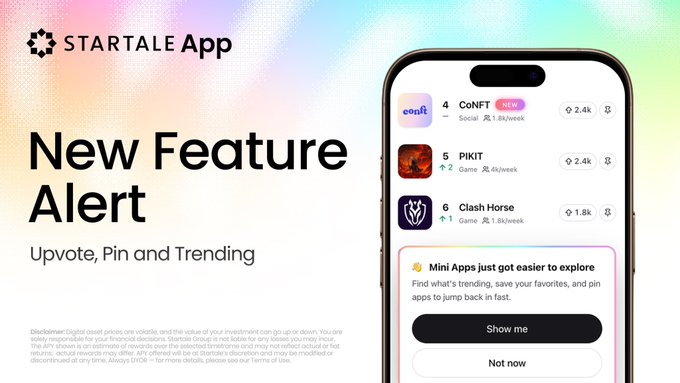 A promotional graphic for the STARTALE App announcing a 'New Feature Alert' for 'Upvote, Pin and Trending' functionality, showing a smartphone mockup with a ranked list of apps including CoNFT, PIKIT, and Clash Horse.