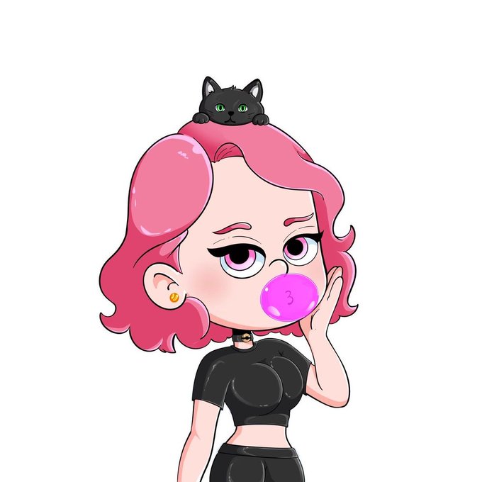 A cartoon girl with pink hair, blowing a pink bubblegum bubble, wearing a black top, with a small black cat perched on her head. The image relates to the giveaway post by showcasing the "Supply: 3,500" number, which matches the giveaway details for H00d M0dels.