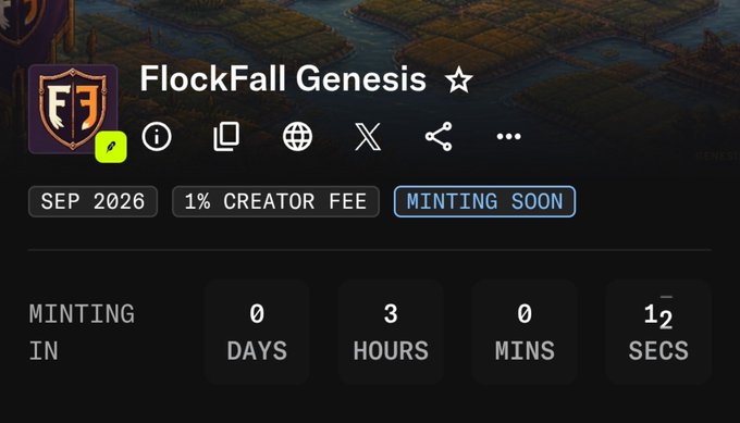 A countdown timer for "FlockFall Genesis" NFT minting shows 0 days, 3 hours, 0 minutes, and 12 seconds remaining, with a 1% creator fee and a September 2026 launch date. This aligns with the post announcing the upcoming minting of the FlockFall onchain strategy risk game in 3 hours.