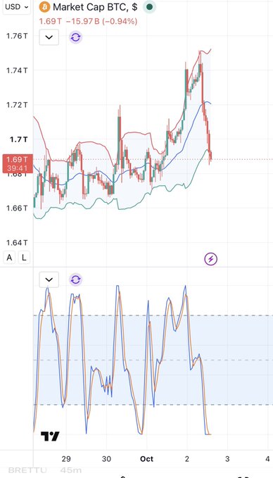 A TradingView candlestick chart displaying BTC Market Cap in USD (1.69T, -0.94%) with Bollinger Bands and an oscillator indicator below, dated around early October.