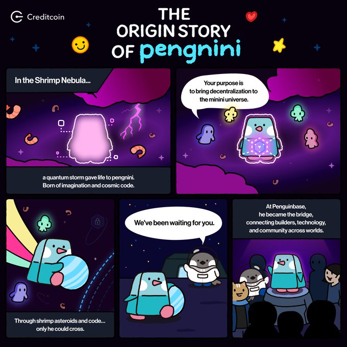 A comic strip titled 'THE ORIGIN STORY OF pengnini' by Creditcoin, depicting a cute penguin character born from a quantum storm in the Shrimp Nebula who travels through space to bring decentralization to the mini universe.