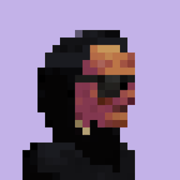 A pixel art portrait of a figure with dark hair wearing an orange and red helmet or visor against a purple background.