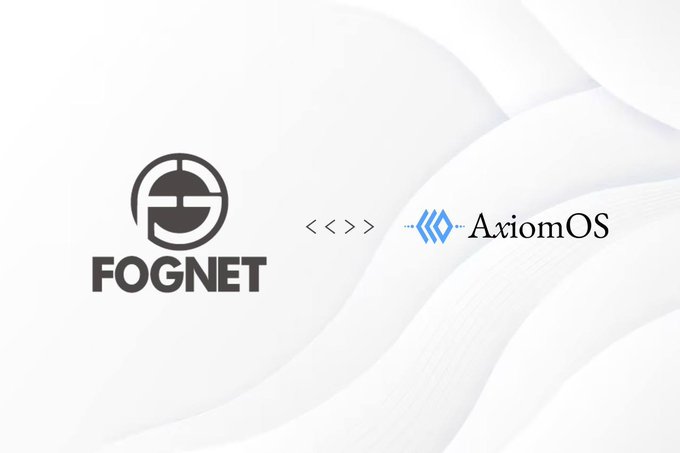 Promotional graphic showing two logos: 'FOGNET' on the left with a circular emblem, and '<<>> AxiomOS' on the right against a wavy white background.