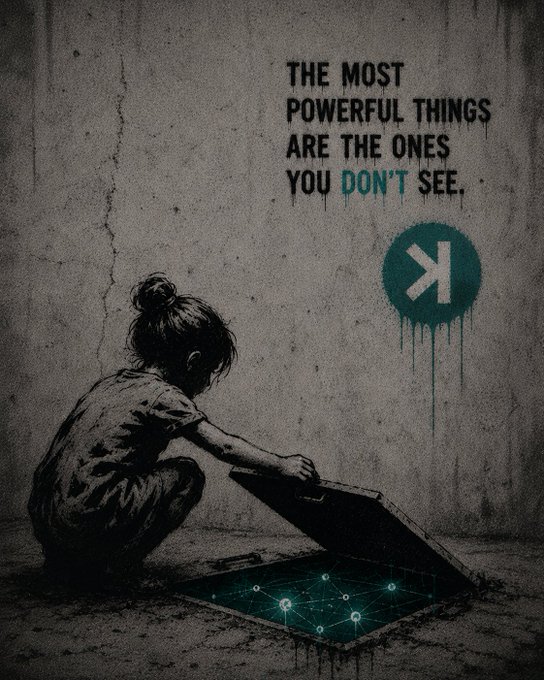 The image features a black and white drawing of a girl crouching down next to an open box, with her hand inside the box. The background of the image is a concrete wall that has been spray-painted green. Below this scene, there's text in white that reads "the most powerful things are the ones you don't see".