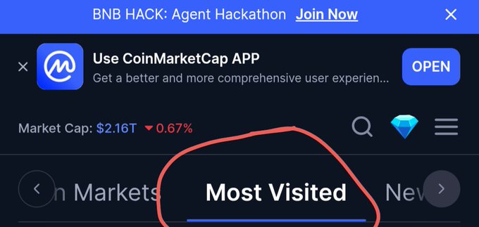 The image shows a screenshot of an app called CoinMarketCap, which is used for trading cryptocurrencies. The app has a blue header with white text that says "BNB Hack AgentHackathon Join Now" and "Use CoinMarketcap App". There are also some other details about the app in the image.