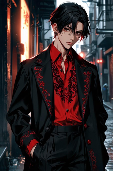 An anime-style digital illustration of a young man with black hair featuring red highlights, wearing a black coat over a red and black patterned shirt in an urban setting.
