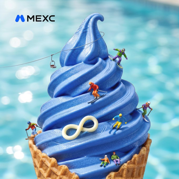 The image shows a vibrant blue soft-serve ice cream cone set against a sparkling pool background, adorned with miniature skiers and a cable car climbing its swirls, with a white infinity symbol featured prominently on the scoop. The "MEXC" logo appears in the top left corner, tying the cool, refreshing summer vibe of the post's "Hot summer. Cool blue. GM" message to a playful winter-meets-summer theme.