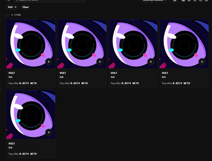 NFT marketplace screenshot showing 5 identical 'VOLT' items by 'Volt' each with a top offer of 0.0274 METH, featuring a purple and black stylized eye illustration.