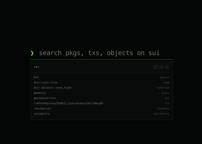 A terminal interface for searching 'pkgs, txs, objects on sui' with example entries including 0x5, 0x2::coin::Coin, @adeniyi, @deepbook/core, a sample tx hash, checkpoints, and validators.