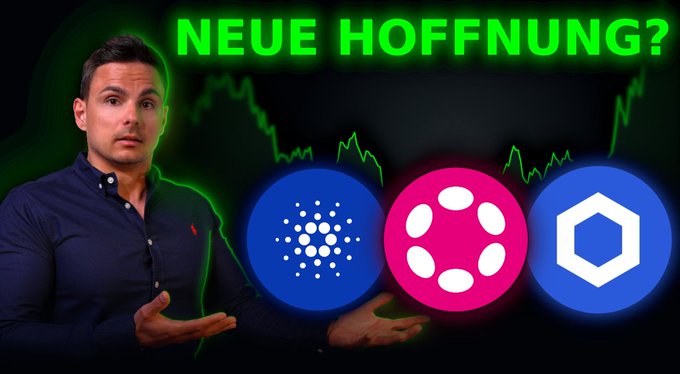 The image features a man in a dark shirt gesturing toward three cryptocurrency logos (Cardano, Polkadot, and Chainlink) with a green price chart and the text "NEUE HOFFNUNG?" (New Hope?) above, visually illustrating the post's question about potential trend reversals for these altcoins.