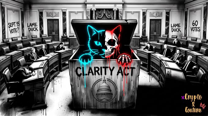 A black-and-white political illustration features a central ballot box labeled 'CLARITY ACT' with a split neon cat/skull graphic, surrounded by sleeping legislators and signs reading 'SEPT 15 VOTE?', 'LAME DUCK', and '60 VOTES', branded with 'Crypto & Couture'.