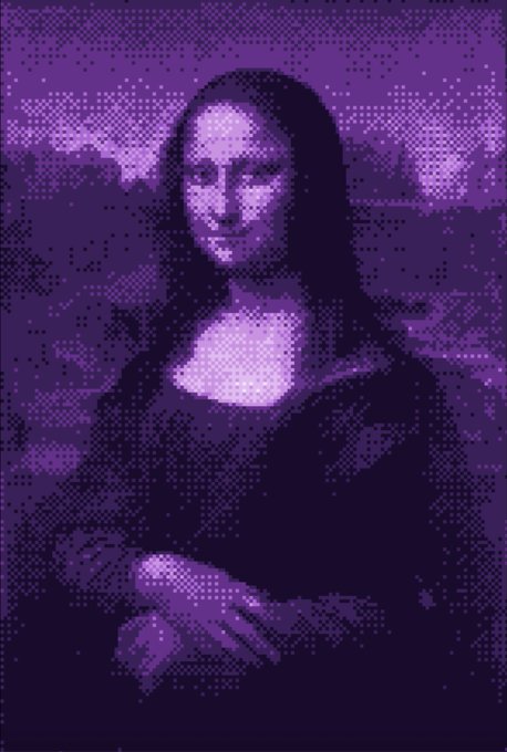 A pixelated, purple-toned artistic rendering of the Mona Lisa, presented in a dotted, retro video game style.