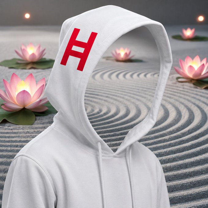 A white hoodie featuring a red "H" logo is displayed against a serene zen garden backdrop with raked sand patterns and glowing pink lotus flowers, evoking the tranquil aesthetic referenced in the post about the Hedera ($HBAR) and Star PFP collection dropping on 6/29.