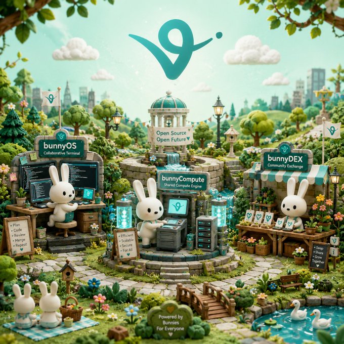 A whimsical 3D-rendered scene featuring cute bunny mascots in a village setting promoting 'bunnyOS Collaborative Terminal', 'bunnyCompute', and 'bunnyDEX Community Exchange', with the tagline 'Open Source Open Future' and 'Powered by Bunnies For Everyone'.