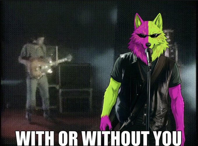 An illustrated anthropomorphic wolf character in a black vest stands at a microphone, with a faded guitarist visible in the background and the text "WITH OR WITHOUT YOU" at the bottom.