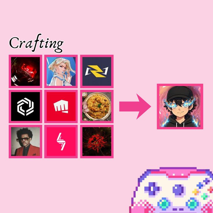 The image features a pink background with various logos, including "crafting", "chain", "immutable", "rijter", "me in a nutshell", "Marvel rivals chain", "IRONIUM", "IRONIUM", "IRONIUM", and "IRONIUM". The post is titled "Crafting" and includes an image of a character named Emma Frost. The text on the image reads: "Me in a nutshell Video game character I love - Emma Frost Game I play - Marvel Rivals Chain in Web3 - Immutable Project I support - Riot Games Treat I can eat for life - Crimson Zeal Flower I resonate with - Red".