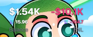 A cartoon watermelon character displays a stock trading interface showing a balance of $1.54K with a -$101K loss and SOL token at -15.96%.